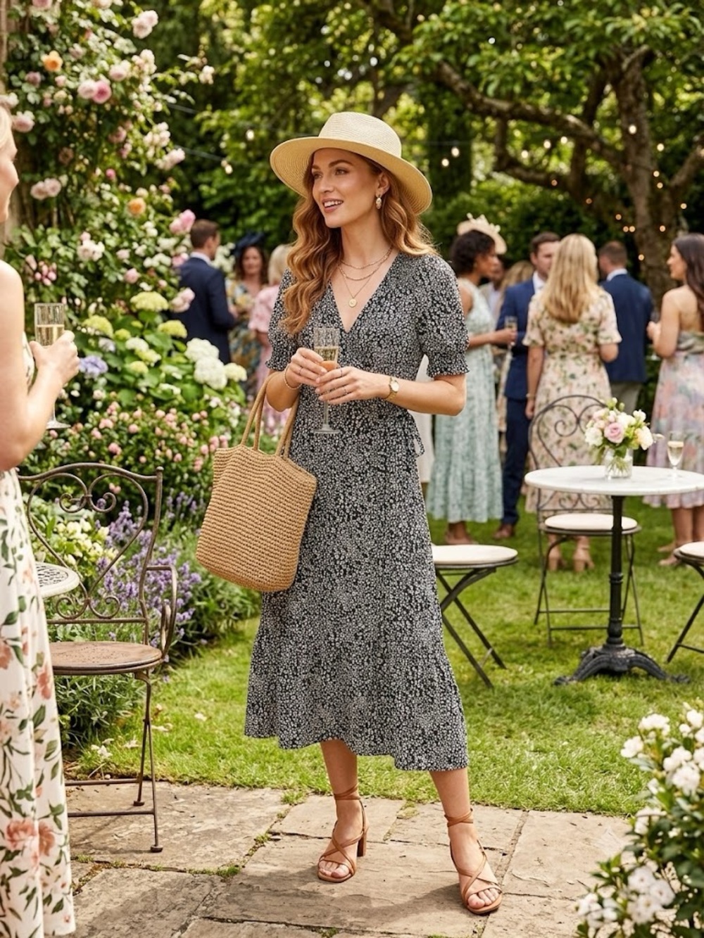 Dynamite Floral Wrap Dress Midi Black White Brown Small
